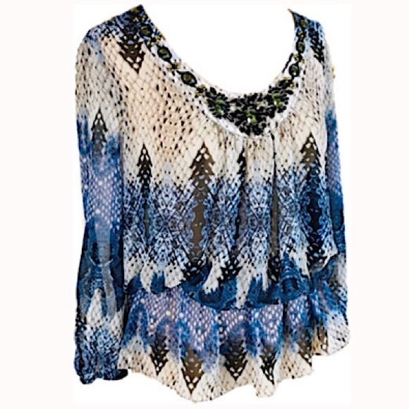 Cache Tops - Caché Jeweled Blue Peplum Blouse, Medium